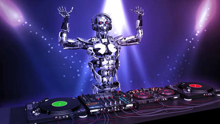 DJ Robot, disc jockey cyborg with hands up playing music on turntables, android on stage with deejay audio equipment, 3D renderingの写真素材