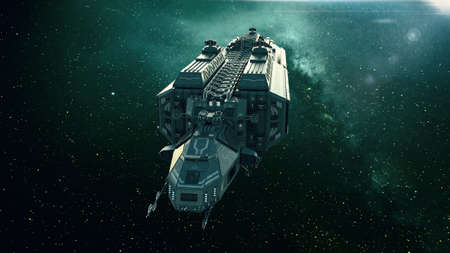 Spaceship in space, spacecraft flying through the universe with a bright star in distance, front...