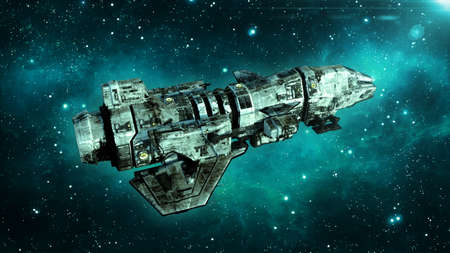 Old alien spaceship in deep space, dirty spacecraft flying in the Universe with stars in the background, UFO top view, 3D renderingの写真素材