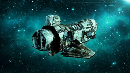 Old alien spaceship in deep space, dirty spacecraft flying in the Universe with stars in the...