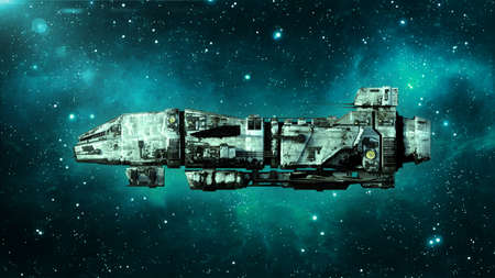 Old alien spaceship in deep space, dirty spacecraft flying in the Universe with stars in the...