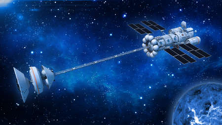 Spaceship with solar panels in deep space, UFO spacecraft flying in the Universe with planet and...