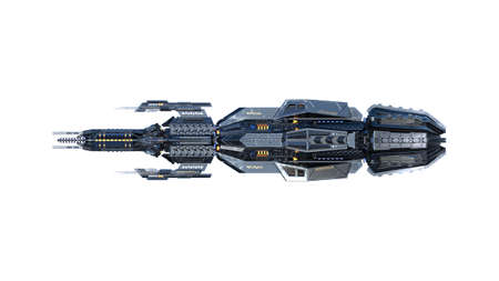 Alien mother ship, UFO spacecraft in flight isolated on white background, side view, 3D rendering