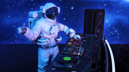 DJ astronaut, disc jockey spaceman with thumbs up playing music on turntables, cosmonaut on stage with deejay audio equipment, side view, 3D renderingの写真素材