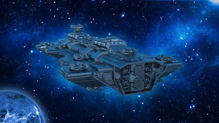 Spaceship traveling in deep space, alien UFO spacecraft flying in the Universe with planet and...