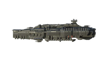 Alien spaceship in flight, UFO spacecraft isolated on white background, side view, 3D rendering
