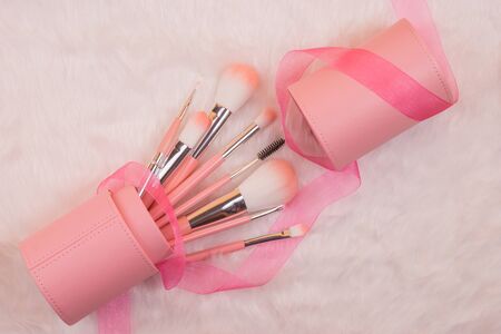 makeup brush set isolated on a white fur backgroundの写真素材