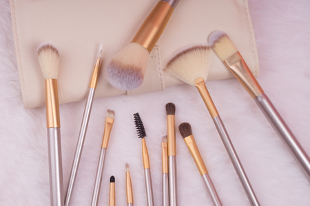 makeup brush set isolated on a white fur background