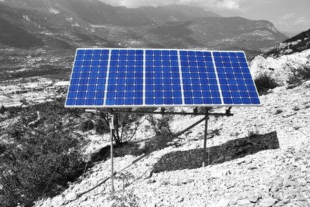 Solar Panel with background blue sky and white clouds