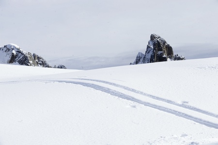 Alps in winter landscape with snow in the Dolomitesの写真素材
