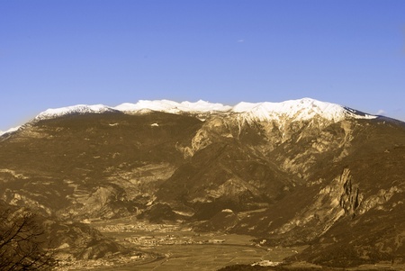 Aerial view of Dolomite landscape with mountain range.