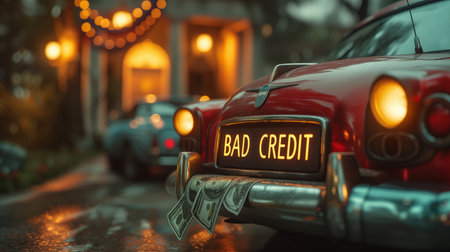 Bad Investment.A red car with a bad credit license plate is parked in front of a houseの素材