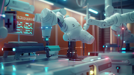 Robots on conveyor belt in factory mimic human body movementsの素材