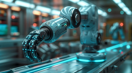 A robotic arm at a factory is handling auto parts on a conveyor beltの素材