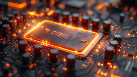 Close up image of a computer chip on a motherboardの素材