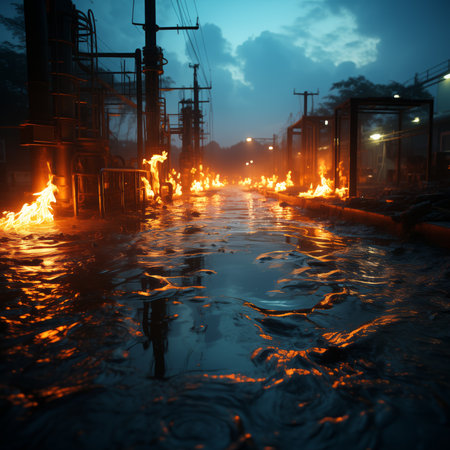 a flooded street with a lot of fires coming out of itの素材
