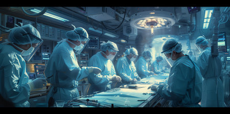 A team of surgeons is performing a surgery in a dimly lit operating roomの素材
