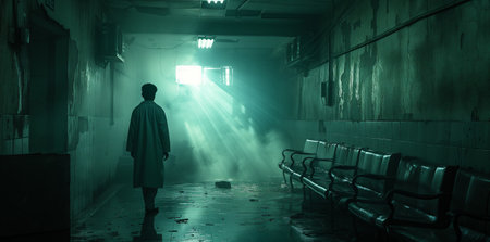 woman in medical clothes walks hospital empty corridor, surrounded by devastation and fear, dark hallway with chairsの素材