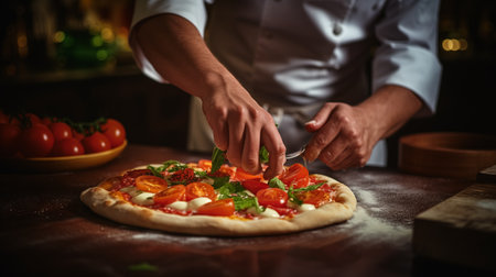 Food Pizza with tomatoes, basil, and pizza cheese being prepared on a tableの素材