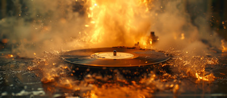 A record is resting on a blazing fire, surrounded by smoke and flamesの素材
