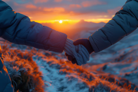 two people are shaking hands in the mountains at sunsetの素材