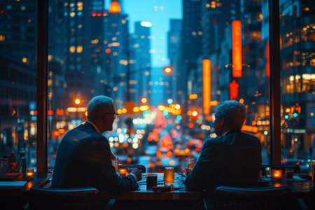 Two men seated at table, admiring city skyline at night through glass windowの素材