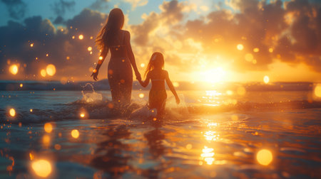 a woman and a child are walking on the beach at sunset holding handsの素材