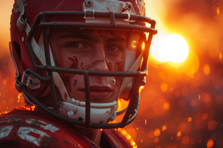 Closeup of a football player, in helmet and sports gearの素材