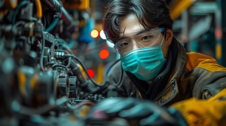 A man in electric blue mask and glasses works on machine in dark settingの素材