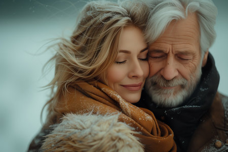 Romantic gesture in the snow, happy faces, fun travel momentの素材
