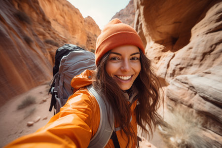 a woman is taking a selfie in a canyonの素材