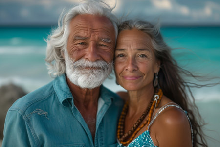 a man and a woman are posing for a picture on the beachの素材