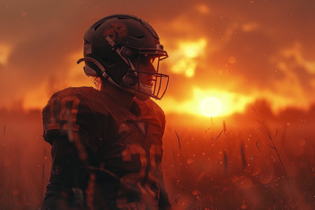 A football player with a helmet stands in a field at sunsetの素材