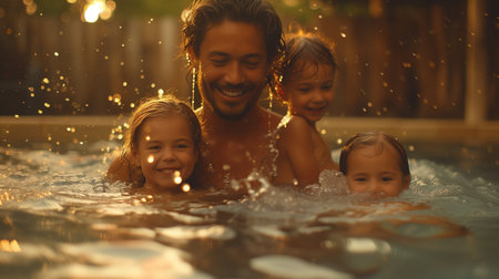 a man and three children are swimming in a poolの素材