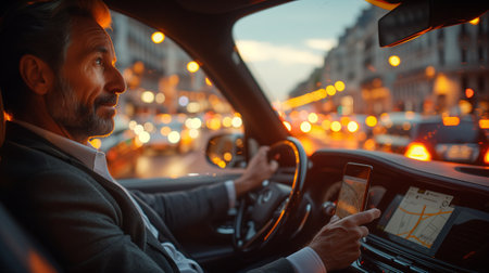 A man in a suit is driving a motor vehicle and glancing at his phoneの素材
