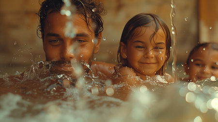 a man and two little girls are swimming in a poolの素材