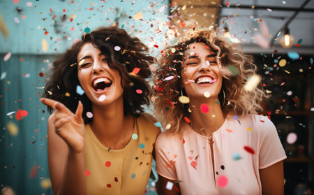 Two women smiling, celebrating, and throwing confetti at a fun eventの素材
