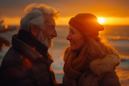 a man and a woman are looking at each other on the beach at sunsetの素材