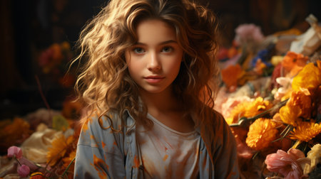 a young woman with curly hair is standing in front of a pile of flowersの素材