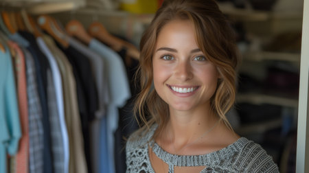 a woman is smiling in a closet filled with clothesの素材