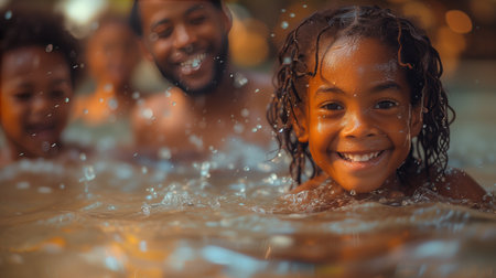 A happy little girl is smiling while swimming in the pool with her familyの素材