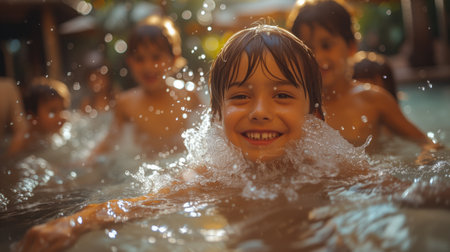 Children having fun bathing and playing in the pool under the sunlightの素材
