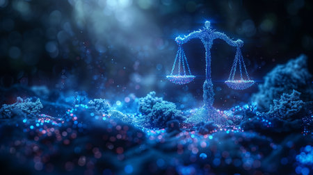 A scale of justice sits atop a pile of blue flowers in a midnight landscapeの素材