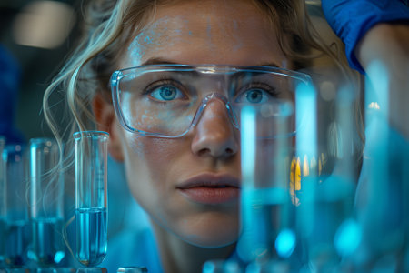 A woman with glasses examining a test tube in a lab with electric blue eyelashの素材