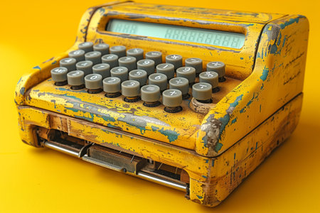 Yellow office equipment, a vintage typewriter, rests on a yellow tableの素材