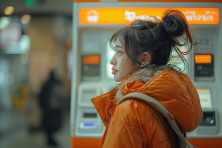 A woman in an orange jacket is using an ATM on the streetの素材