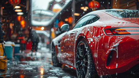 a red sports car is parked in the rain on a wet streetの素材