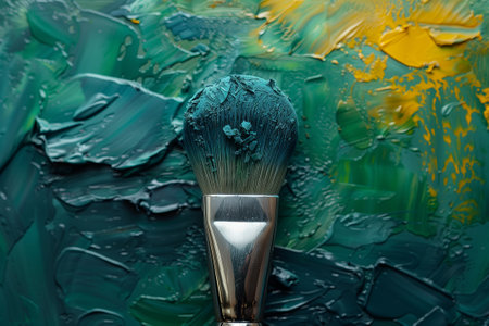 a brush is sitting on top of a green and yellow paintingの素材