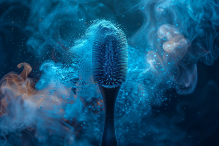 Electric blue hairbrush surrounded by blue smoke in dark roomの素材