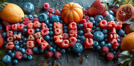 Assorted fruits and berries displayed on table natural, whole food produceの素材